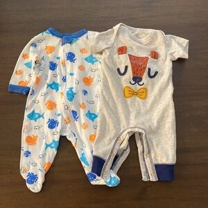 (2) 0-3 Months One Piece Bodysuits (Cat & Jack, Garanimals) Deer Shark Fish